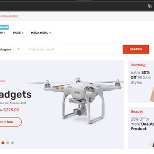 May include: A white drone with gold accents is displayed on a white background. The drone is labeled "Gadgets" and has a price of $295.00. The image also shows a variety of other products, including clothing, tech, beauty, and electronics.