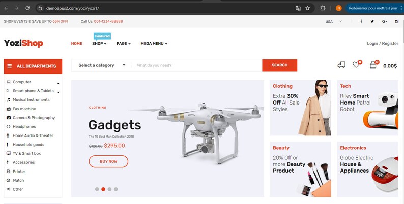 May include: A white drone with gold accents is displayed on a white background. The drone is labeled "Gadgets" and has a price of $295.00. The image also shows a variety of other products, including clothing, tech, beauty, and electronics.