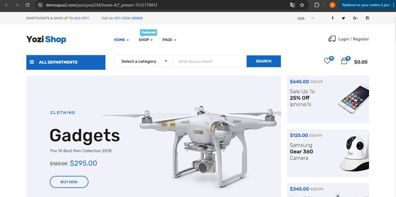 May include: A white drone with four propellers and a camera attached to the bottom. The drone is hovering in the air above a white background. The text "Gadgets" is displayed above the drone, along with the text "The 10 Best Man Collection 2018". The text "$120.00 $295.00" is displayed below the drone, along with the text "BUY NOW".