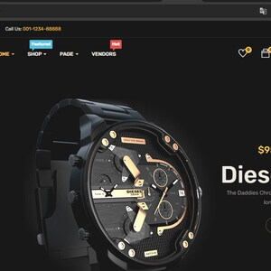 May include: A black Diesel watch with a gold face and multiple dials. The watch has a black leather band and a stainless steel case. The watch is on sale for $95.00, originally priced at $120.00.