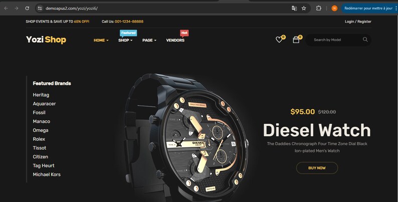 May include: A black Diesel watch with a gold face and multiple dials. The watch has a black leather band and a stainless steel case. The watch is on sale for $95.00, originally priced at $120.00.