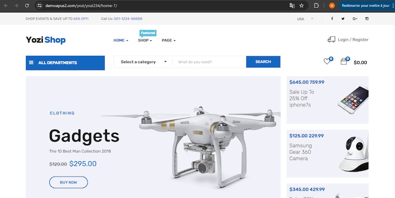May include: A white drone with gold accents, a camera, and four propellers. The drone is on a white background. The text "Gadgets" is above the drone. The text "The 10 Best Man Collection 2018" is below the drone. The text "$120.00 $295.00" is below the text "The 10 Best Man Collection 2018". The text "BUY NOW" is below the price.