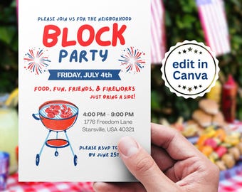 Editable July 4th Block Party Invitation | Canva BBQ Template (Digital Download)