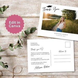 May include: Two white graduation thank you postcards with a photo of a graduate. The top card says "Thank You" with a graduation cap icon. The bottom card has a thank you message and the name "Addison Baker".