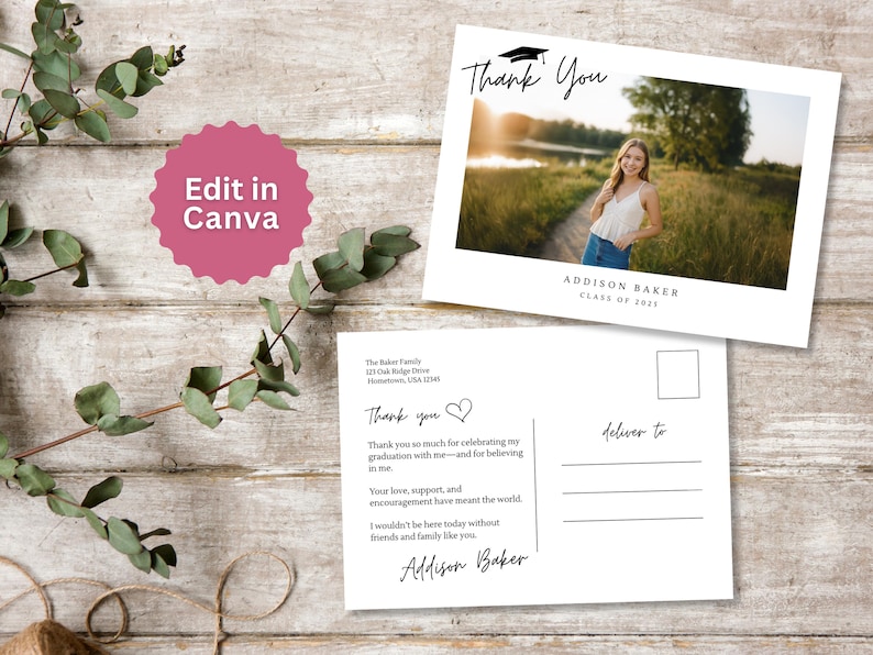 May include: Two white graduation thank you postcards with a photo of a graduate. The top card says "Thank You" with a graduation cap icon. The bottom card has a thank you message and the name "Addison Baker".