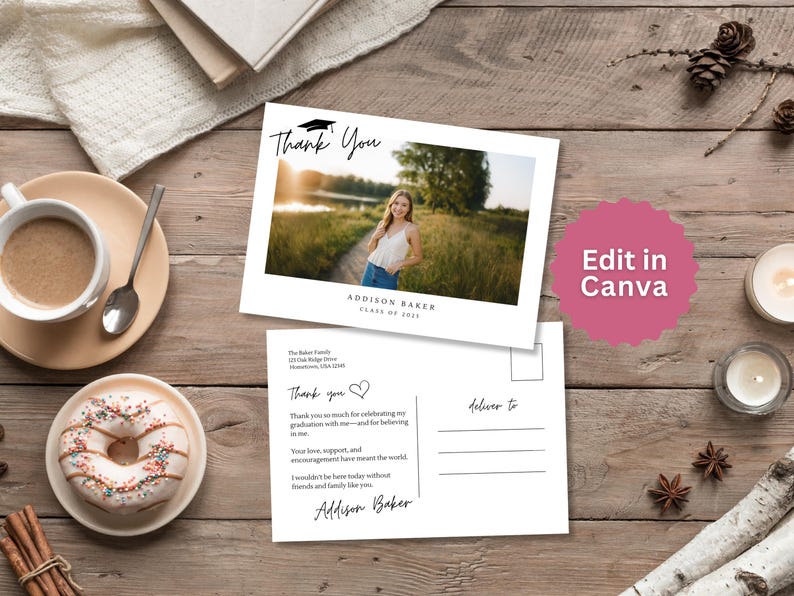 May include: A graduation thank you postcard featuring a photo of a person in a field. The postcard includes the text "Thank You" and "Addison Baker Class of 2023". The postcard is on a wooden surface with a cup of coffee and a donut.