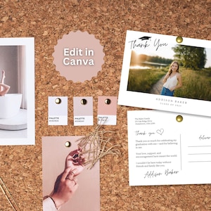 May include: A corkboard displays a graduation thank you card with a photo and text, a photo of a person in a bathtub, color palette swatches, and a hand with jewelry. The text "Edit in Canva" is also visible.