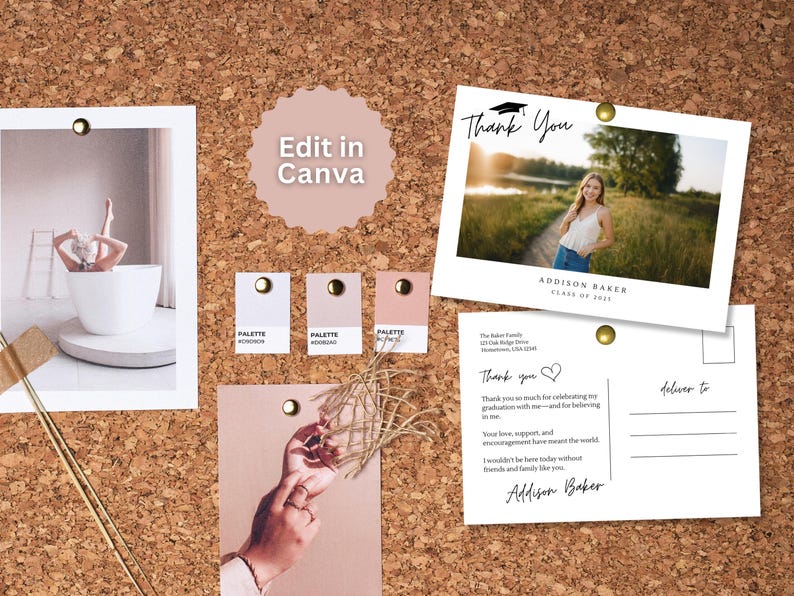 May include: A corkboard displays a graduation thank you card with a photo and text, a photo of a person in a bathtub, color palette swatches, and a hand with jewelry. The text "Edit in Canva" is also visible.