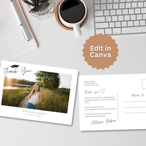 May include: Two white postcards with a graduation theme. One postcard features a photo of a person and the words "Thank You" and "Addison Baker, Class of 2023." The other postcard has a message and a space to write the delivery address.