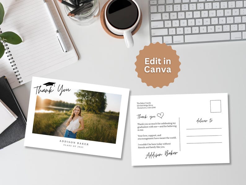 May include: Two white postcards with a graduation theme. One postcard features a photo of a person and the words "Thank You" and "Addison Baker, Class of 2023." The other postcard has a message and a space to write the delivery address.