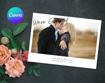 Engagement Announcement Card Template – 5x7 Editable Canva Photo Card | We're Engaged | Printable (Digital Download)