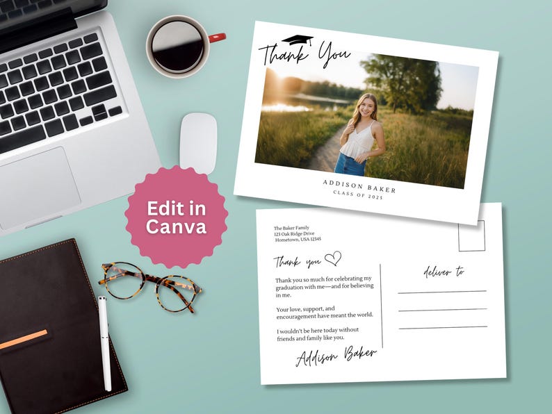 May include: Two graduation thank you cards with a photo of a graduate. The top card says "Thank You" with a graduation cap graphic. The bottom card has a handwritten message. A laptop, coffee cup, and glasses are also on the light blue surface.
