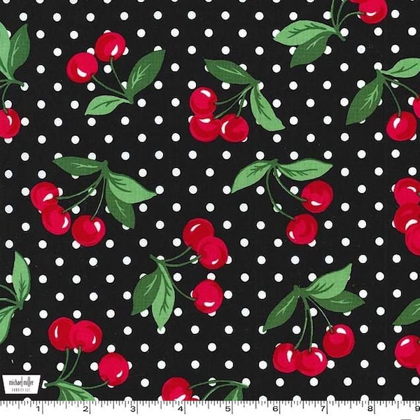 One (1) Yard -Cherry Dot Bloom Black Fabric By Michael Miller CX6561-BLAC-D