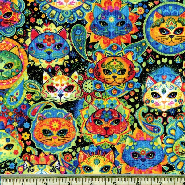 Fat Quarter -Bright Cat Sugar Skulls Timeless Treasures Fabrics  CAT-C7817