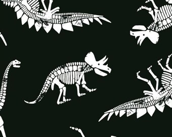 One (1) Yard - Glow in the Dark Dark Dinosaur Skeletons Timeless Treasures Fabric DINO-CG8334  GLOW