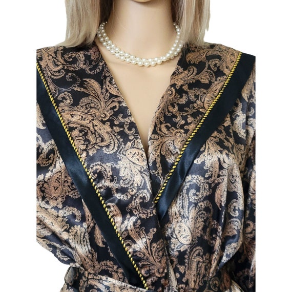 Vintage Ladies Black & Gold Paisley Satin Robe Si… - image 3