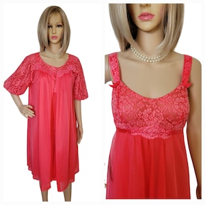 Vtg Vanity Fair Coral Nylon Chiffon Lace Nightgown & Peignoir Robe Set Size S