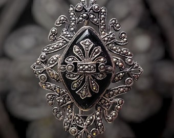 Vtg Black & Marcasite Mourning Brooch Art Deco 925 Silver