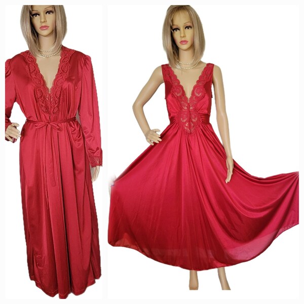 Vintage Olga Formfit Red Nightgown & Peignoir Robe Set Large Maxi