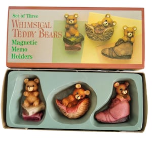 Vtg 3 Whimsical Teddy Bears Magnetic Memo Holders NOS in Box Taiwan R.O.C
