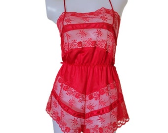 Vintage Texsheen Sheer Lace Nylon Teddy Red Size Small