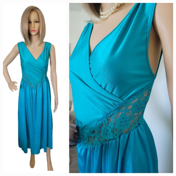 Vintage Adonna Teal Nightgown Cross Over Formfit Bodice Lace Insert Size Medium