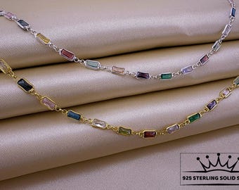 Silver chain, Turkish 925 sterling silver, Colorful bracelet, Gemstone necklace, Dainty silver chain, Gift for women, Crystal necklace