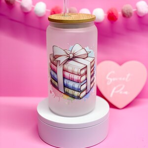 Book & Bow Frosted Glass Cup, Iced Coffee Glass Cup, Glass Cup with Bamboo Lid and Glass Straw, Book Lover Glass Cup