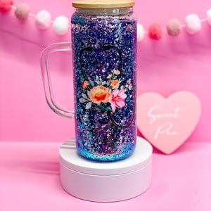 Floral Stethoscope Snow Globe Cup, Iced Coffee Glass Cup, Snow Globe Cup, Glass Cup with Lid, Glitter Snow Globe Cup, Glitter Cup