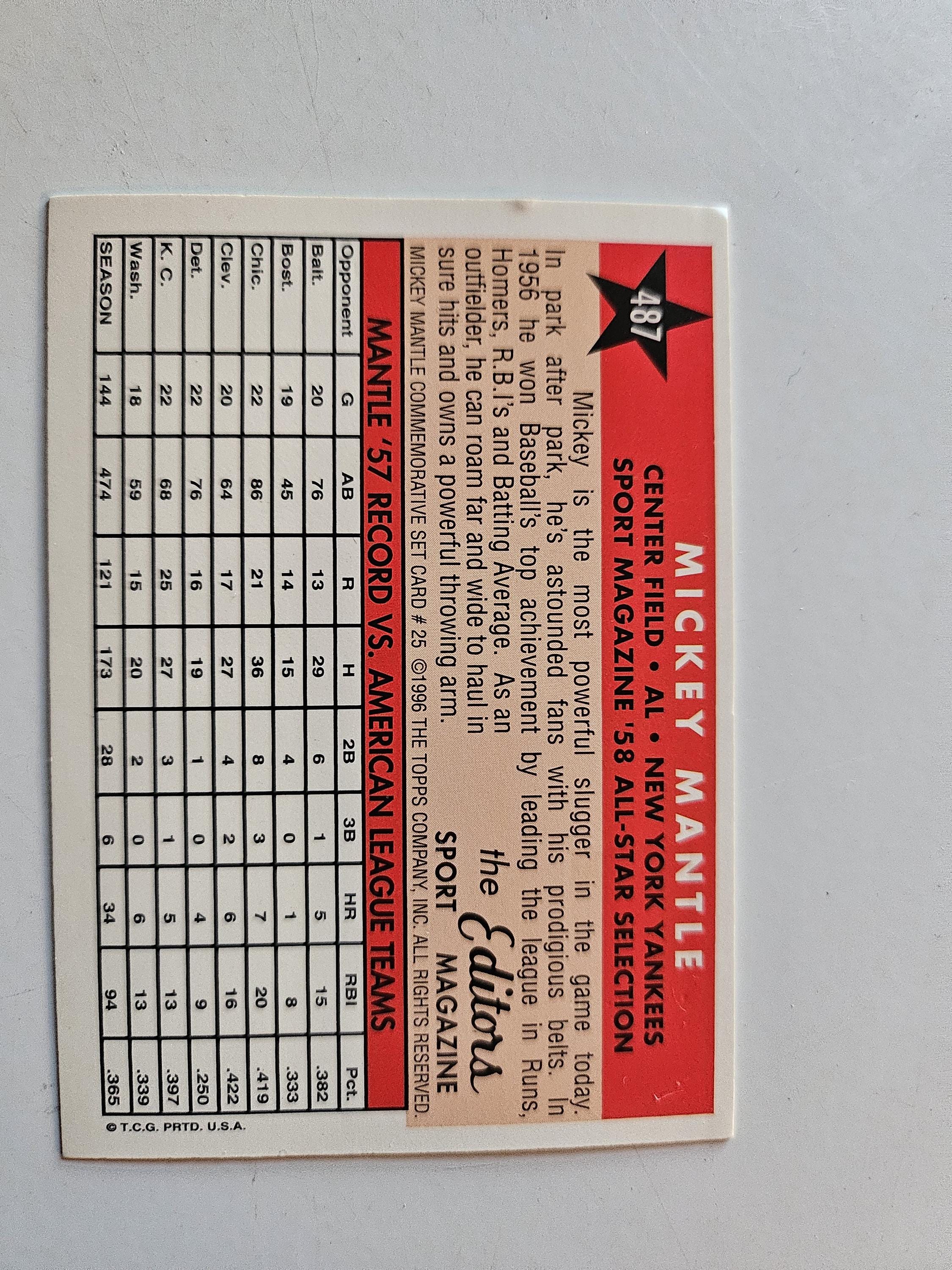 Rare 1958 Topps Sport All Star #487 Mickey Mantle New York Yankees 