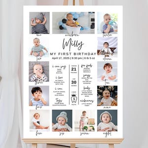 Minimalist First Birthday Photo Sign Template, 1st Birthday Photo Poster, Baby's First Year Poster Printable, Editable Instant Download