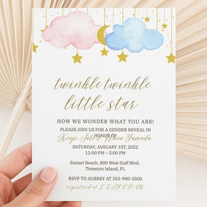Gender Reveal Invitation, Blue Pink Cloud Party Invite, Twinkle Twinkle Little Star Gender Reveal Party Invite , Moon and Gold Stars Theme