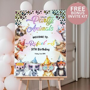 Feestbeesten Verjaardagsfeestje welkomstbord, bewerkbare safari wilde dieren, dierentuin, jongen, meisje, pastel regenboog luipaardprint luipaardprint