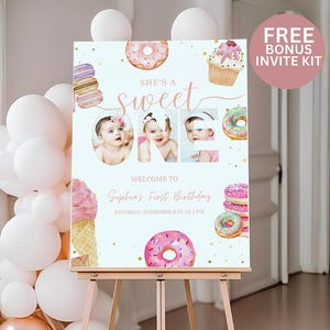 EDITABLE Sweet One Birthday Welcome Sign for Girl First Birthday party decor for Girl She's a Sweet One 1st Birthday Sign Donut Theme Photo