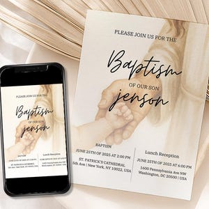 Christening Baptism Invitation Template, Customizable Religious Card, Minimalist, Digital Modern Boy Baptism Editable Jesus With Child Card