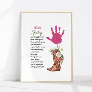 Hello Spring handprint art, Spring poem handprint, Preschool spring art, Toddler spring craft, Handprint flowers, Daycare spring activity