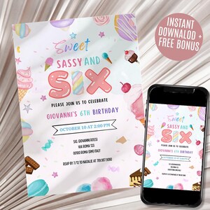 Sweet Sassy and SIX, 6th Girl Birthday Invitation, cotton candy sweets donut ice cream cupcake, Editable Canva Instant Download