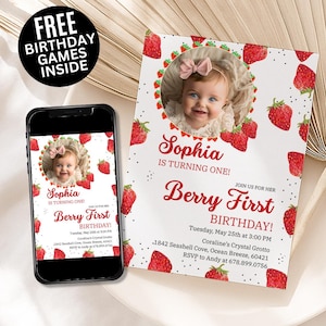 Berry 1st birthday invitation, berry first birthday, strawberry digital invite, Berry Mobile Invite Photo Birthday Invitation Canva Editable