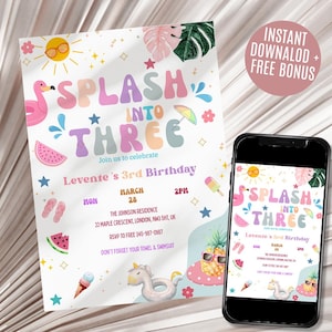 Splash into three Birthday Invitation Pool Party Birthday Invitation Girly Splash Pad Water Slide Paddling Pool Summer Party Editable Canva