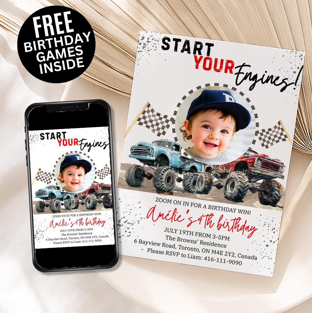 Monster Jam Theme Kids Birthday Invitation, Birthday Jam, Colorful Monster Truck Birthday Invite, Kids Party Editable Photo Invite Template