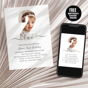 Convite com foto editável para 2º aniversário, modelo de convite de aniversário minimalista, convite de aniversário para menino e menina, download instantâneo Canva