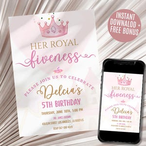 Invitation d'anniversaire de princesse de Fiveness Royale Modèle d'invitation de princesse pour 5e anniversaire de princesse modifiable Invitations de princesse pour filles Modèle Canva