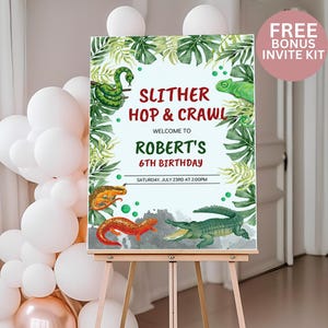 Modèle de panneau de bienvenue d'anniversaire de reptile, Slither, Hop and crawl, Affiche d'anniversaire en plein air sur le thème de la nature serpent Modèle modifiable