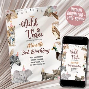 Faire-part d'anniversaire jeune sauvage et trois ans Safari anniversaire de trois ans Safari inviter Invitation d'anniversaire d'enfant sauvage modifiable fille d'anniversaire