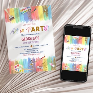 Art Birthday Party Invitation Painting Party Invite Canvas Craft Party Rainbow Pastel Colorful Crayon Brush Digital Editable Download Canva