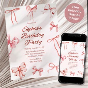 Pink Bow Invitation, Coquette Birthday Girl Invite, Editable & Printable Invitation Template, Digital Download for Girl Birthday Party Canva