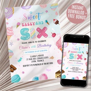 Sweet Sassy and SIX, 6th Girl Birthday Invitation, cotton candy sweets donut ice cream cupcake, Editable Canva Template Printable invite