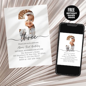 Bewerkbare 3e verjaardagsuitnodiging foto, sjabloon minimale verjaardagsuitnodiging, verjaardagsuitnodiging jongen meisje, Instant Download Canva