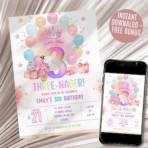 Little Miss Three Nager, Editable 3rd Birthday Invitation, Cute Colorful Girl Invite with Photo Option, Canva Invite Template