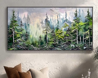 Textured Forest Oil Painting, Misty Woodland Wall Art, Dark Green Pine Landscape Canvas Art, Atmospheric Nature Scenic Home Decor